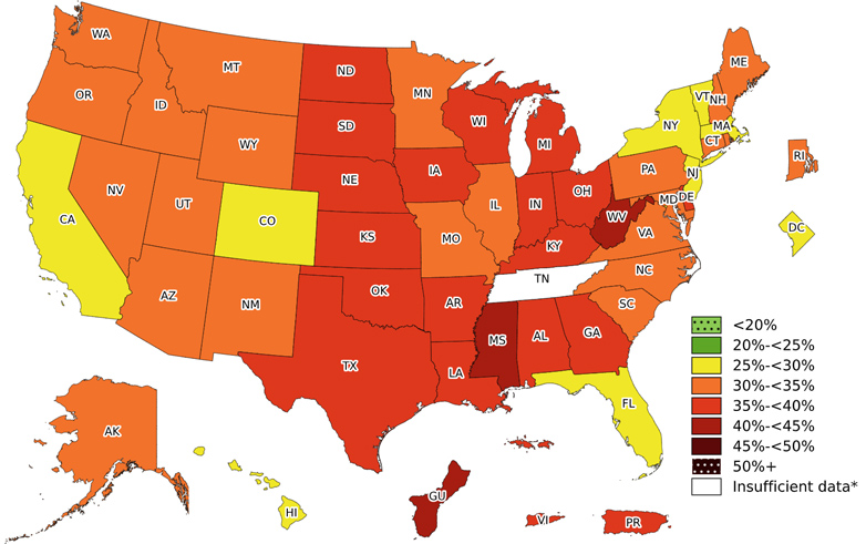 Color coded US map showing state prevalence of adult obesity. Data used for the map is on a chart on this page.