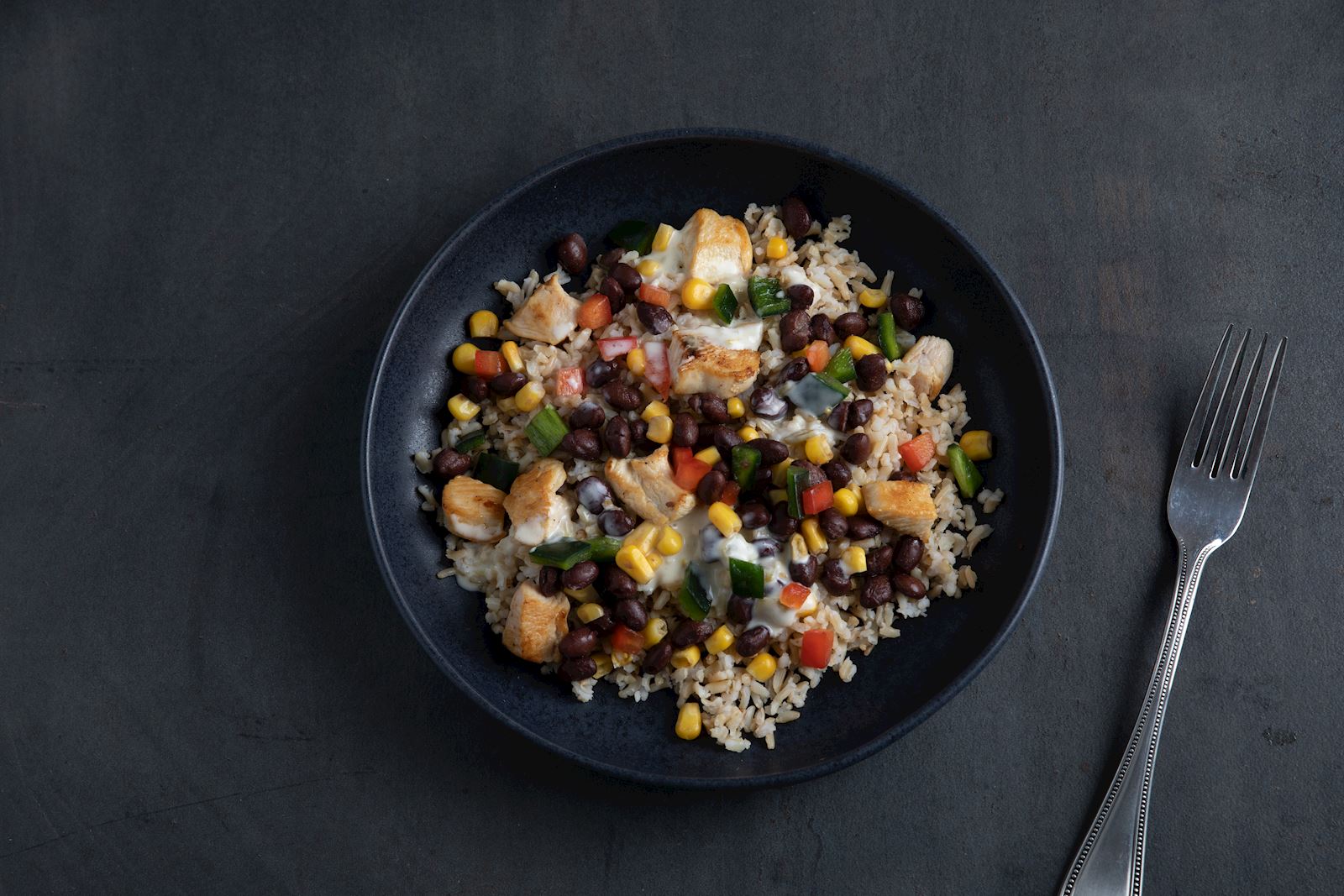 Green Chile Chicken Bowl with Brown Rice and Black Bean Vegetable Medley