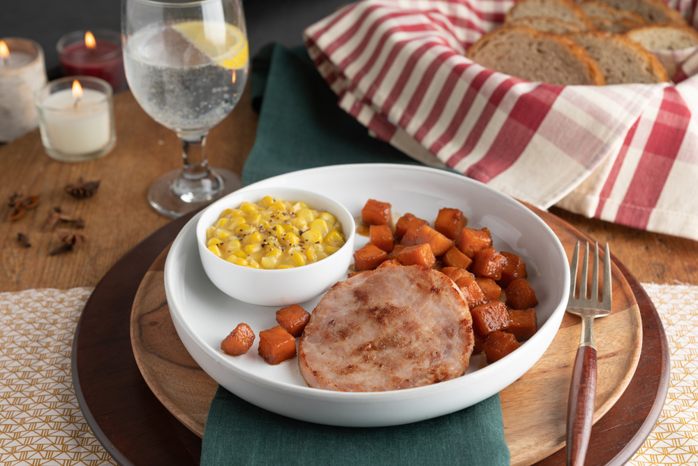 Holiday meal: Ham Patty with Brown Sugar Glazed Sweet Potatoes and Creamed Corn