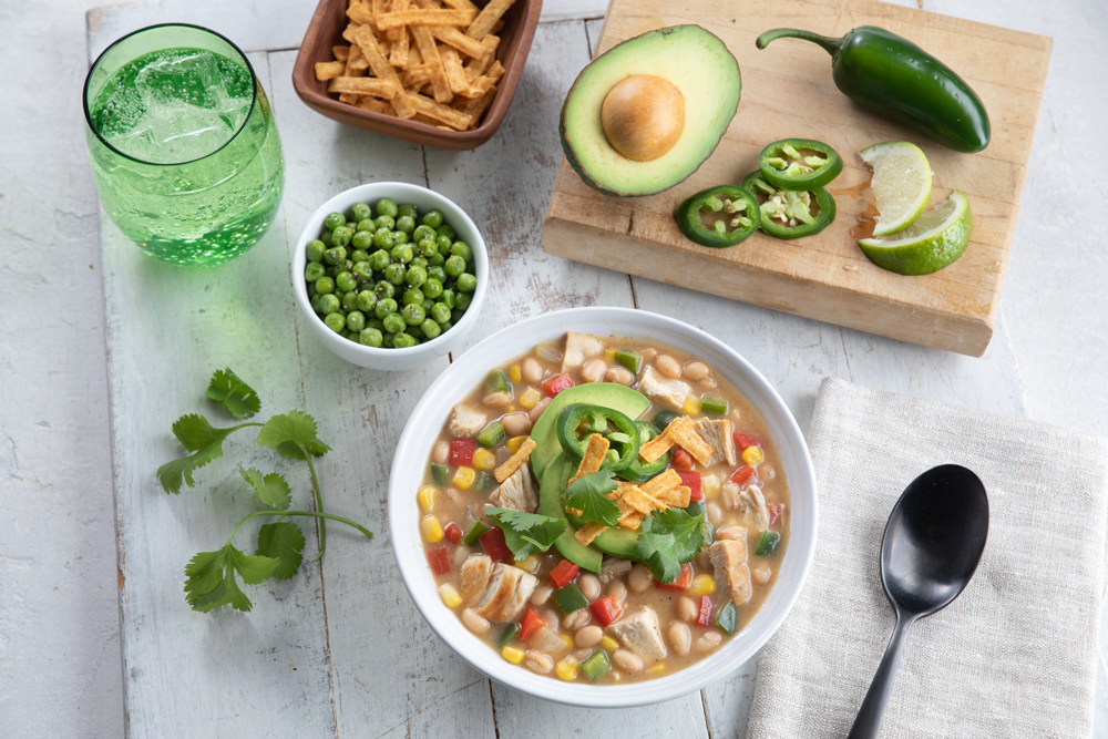 White Chicken Chili with Beans and Seasoned Peas
