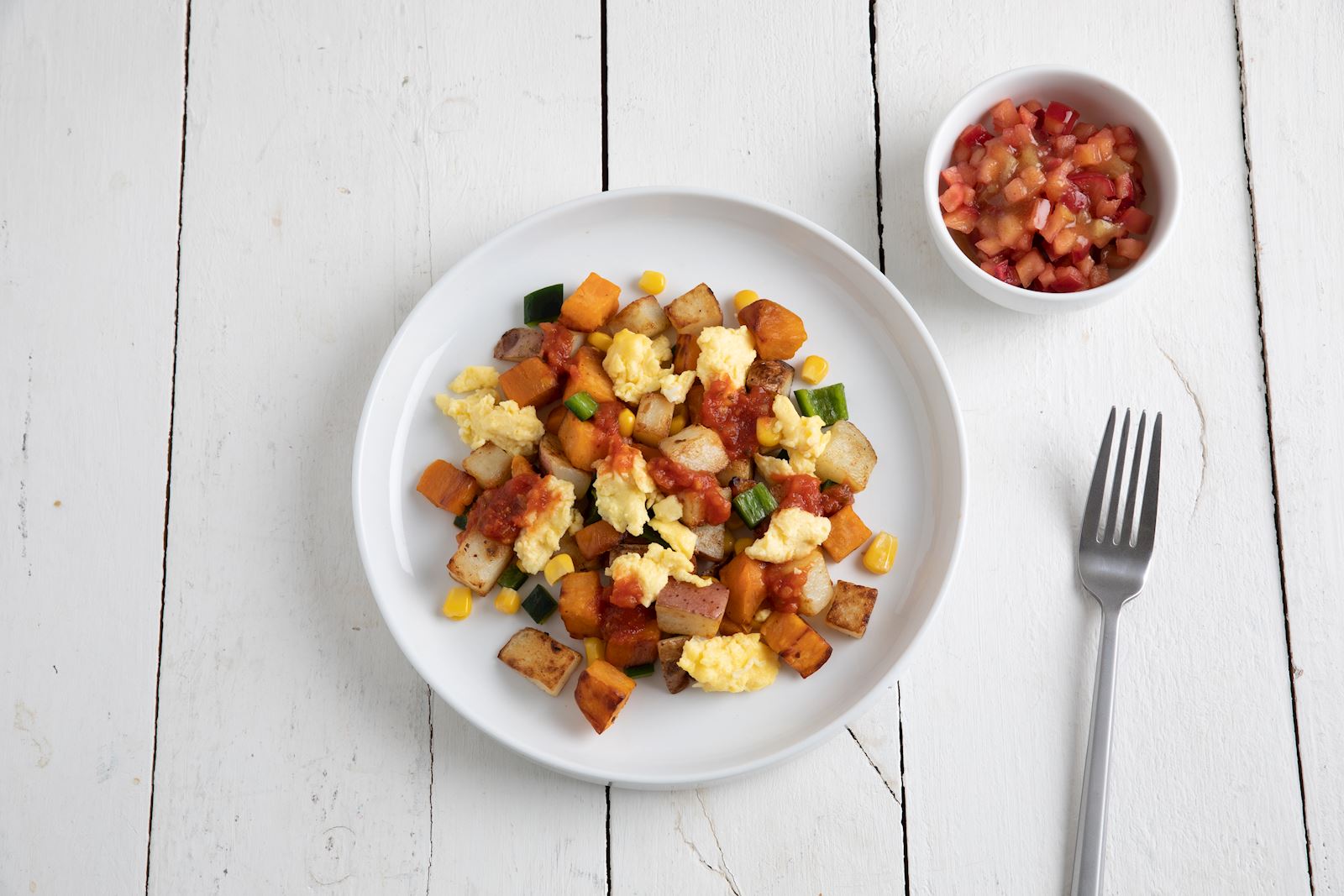 Vegetarian Breakfast Skillet with Ranchero Sauce and Cinnamon Apples