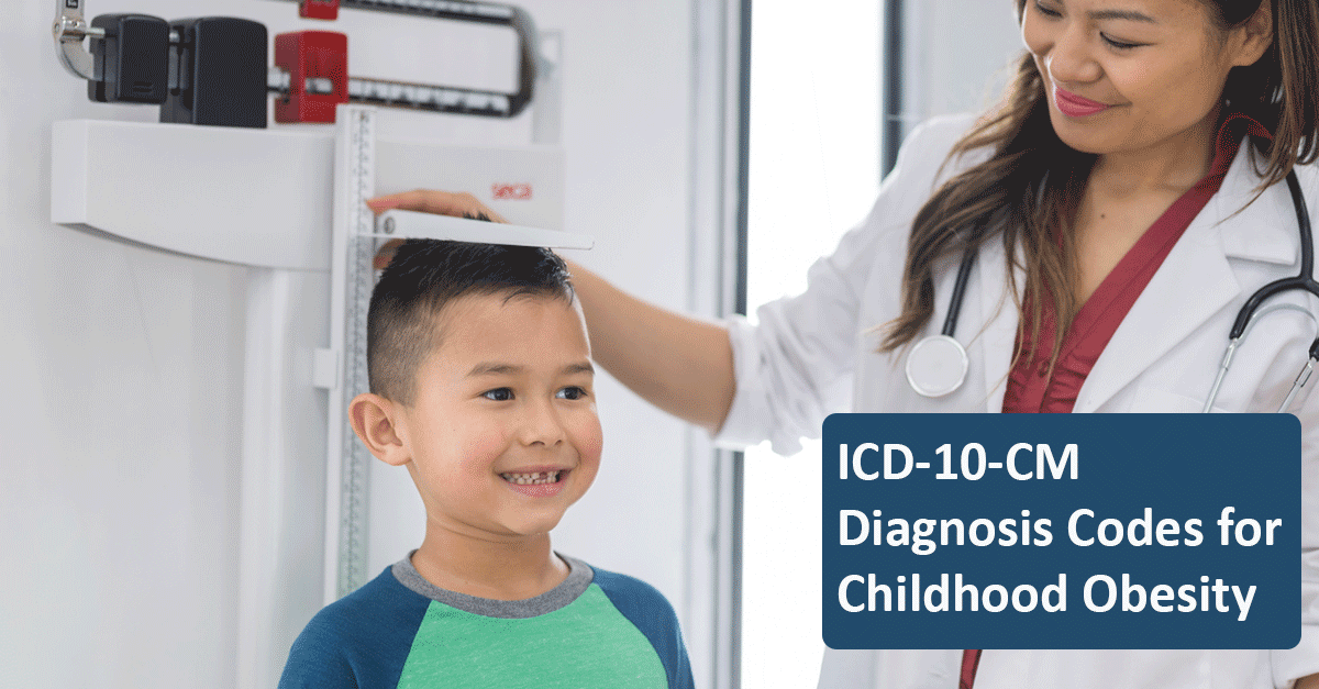 A health care provider measures the height of a child. A text overlay reads, "New ICD-10-CM Diagnosis Codes for Childhood Obesity