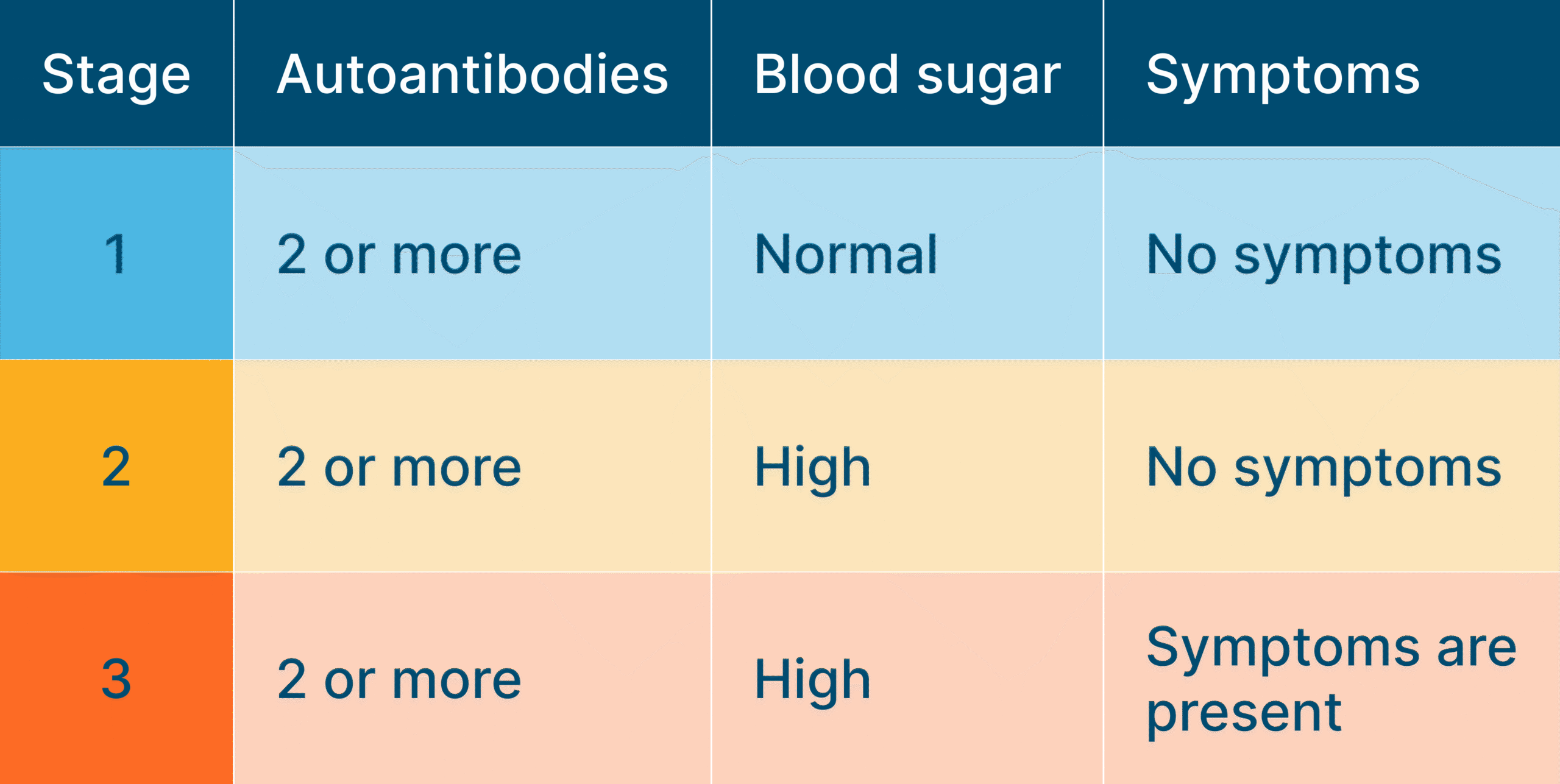 Stage 1 you have 2 or autoantibodies, normal blood sugar, and no symptoms. Stage 2 you have 2 or more autoantibodies, high blood sugar, and no symptoms. Stage 3 you have 2 or more autoantibodies, high blood sugar, and symptoms are present.